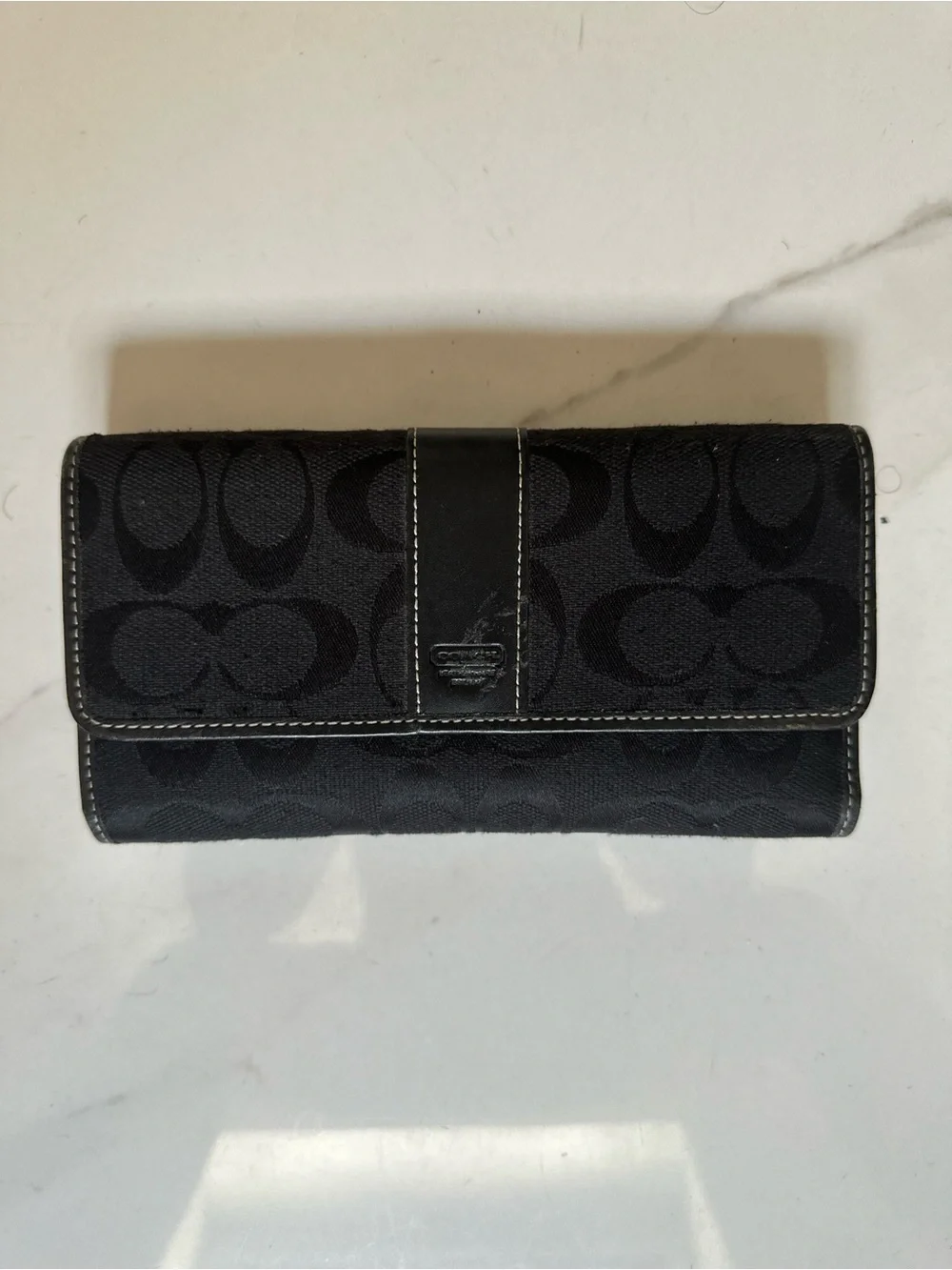 Coach Black Signature Continental Wallet with Contrast Stitching